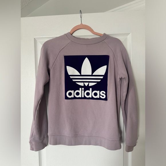 Adidas Lavender Purple Velour Trefoil Logo Graphic Crewneck Pullover Sweatshirt - Picture 6 of 7